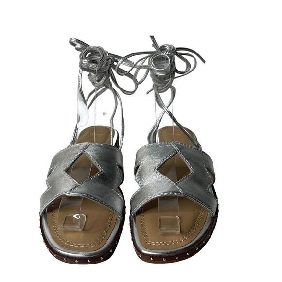 Maje Argent Silver Studded Cutout Leather Gladiator Strap Ankle Tie Flat Sandals - Picture 2 of 7